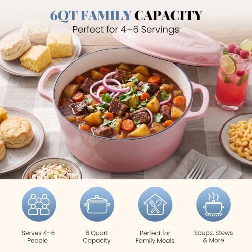 DUMOS Cast Iron Dutch Oven, 6 Quart Pot with Lid, Enameled Heavy Duty Cookware, Oven Safe to 500°F, Perfect for Bread Baking, Stews and Roasting, Moisture Sealing Lid with Dual Handles, Gradient Pink