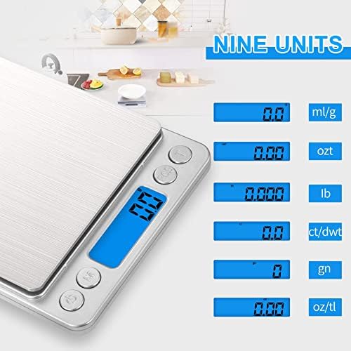 Small Digital Food Scale Ounce/OZ and Gram Scale, Kitchen Scale 3000g/0.1g High Precision for Baking, Soap Making, Jewelry, Includes 2 Trays and Batteries, 9 Units, Tare Function, Easy to Store