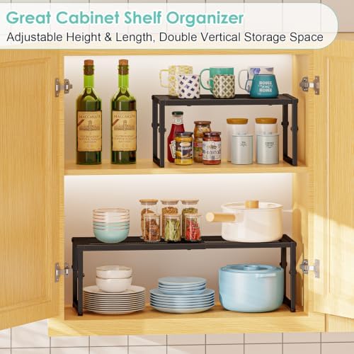 2 Pack Expandable Kitchen Cabinet Shelf Organizer, 15.5"-25.5" Long Adjustable Storage Shelves Organizers for Kitchen Countertop Pantry Cupboard Table Desk Counter, Stackable, 30LBS Load Capacity
