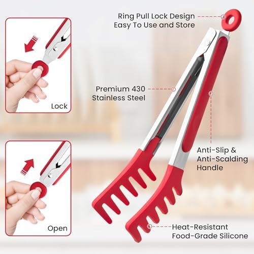 2 PCS Pasta Tong Spaghetti Tongs, 9" & 12-Inch Heat Resistant Pasta Tongs