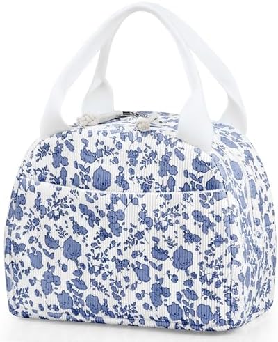 TESAFNG Lunch Bag - Insulated Lunch Box for Women, Reusable Large Capacity Cooler Bag for Adult, Small Leakproof Cute Corduroy Lunch Tote for Work Office Travel Picnic (Corduroy Navy Blue-Flower)