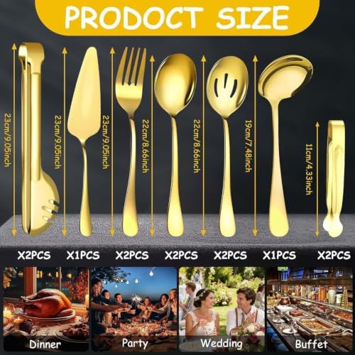 12 Pcs Gold Serving Utensils Set Include Stainless Steel Large Serving Spoons Slotted Spoons Forks Soup Ladle Pie Server - Metal Utensils for Parties Buffet Catering, Dishwasher Safe