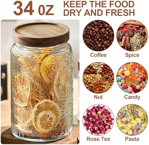2-Pack 34 OZ Vintage Glass Jar with Lid, Airtight Food Storage Canisters with Bamboo for Kitchen Counter Pantry, Ideal for Coffee, Candy, Tea, Oats, Sugar, Cookies Decorative Jars