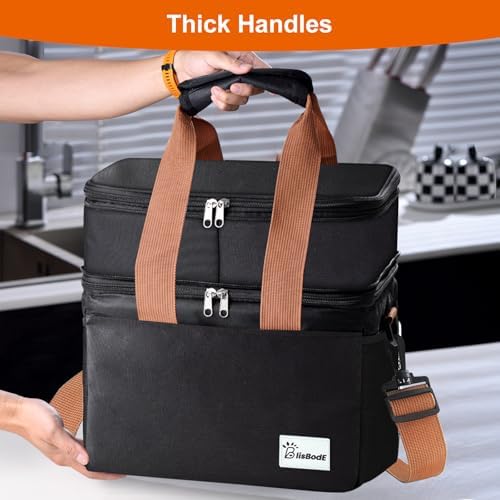 Lunch Bag Upgraded Insulated Lunch Box for Men and Women - 15-20L Expandable Double Deck, Leakproof Soft Cooler Bag with Side Tissue Pocket - Large Adult Lunch Tote for Work, Picnic, Beach (Black)