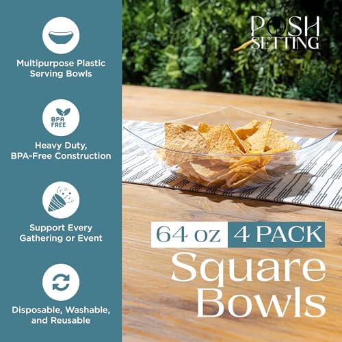 4 Pack Disposable Clear Plastic Serving Bowls Square Party Candy Use 64oz