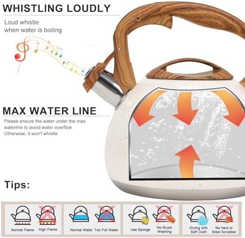 Tea Kettle, Vegoran 100 OZ / 3 Liter Whistling Tea Kettle, Tea Pots for Stove Top Food Grade Stainless Steel with Wood Pattern Folding Handle, Loud Whistle Kettle for Tea, Coffee, Milk (B-White)