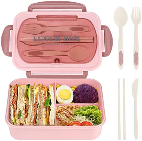 Bento Box for Adult, 1200 ML Lunch Containers for Adults, LeakProof Lunch Box with Utensils, BPA Free, 3 Compartment Bento Box Microwave Safe, Pink