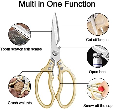 CGBE Kitchen Scissors All Purpose Heavy Duty, Ultra Sharp Stainless Steel Kitchen Shears Dishwasher Safe, Cooking Shears for Chicken, Poultry, Fish, Meat, Herbs & Grapes with Non-Slip Grips - Gold
