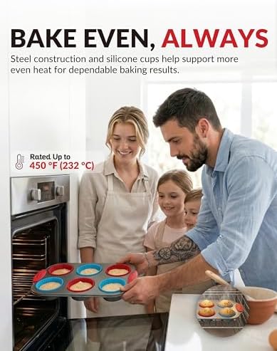 Boxiki Kitchen Non-Stick Steel 6 Cup Muffin Pan with Silicone Handles and Reusable Liners - Perfect for Baking Large Muffins and Cupcakes