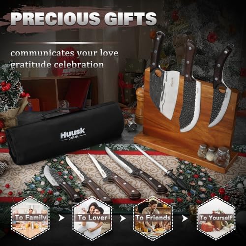 Huusk Butcher Knife Set with Roll Bag - 10PCS for Meat Processing Men Gift