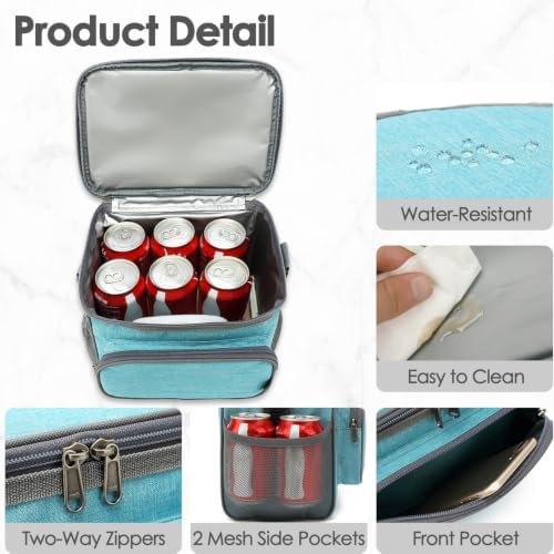 FlowFly Insulated Reusable Lunch Bag Adult Large Lunch Box for Women and Men with Adjustable Shoulder Strap,Front Zipper Pocket and Dual Large Mesh Side Pockets,SeaBlue
