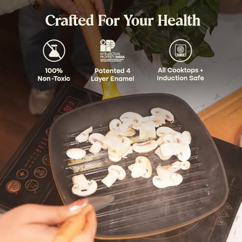 CUMIN CO. Enameled Cast Iron Grill Pan 10 Inch, 1.2 QT Grill Skillet – Non Toxic PFAS Free Cookware – 4 Layer Enamel Coated – Indoor Grill Pan for Steak, Chicken, Burgers & Vegetables (Mustard)