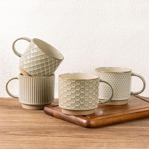 GBhome 12 OZ Stackable Coffee Mugs Set of 4, Ceramic Coffee Cups Set