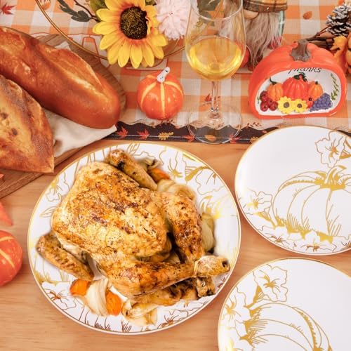 FLOWERCAT 60PCS Thanksgiving Plates & Gold Pumpkin Plates - Including 30PCS 10.25inch Thanksgiving Dinner Plates and 30PCS 7.5inch Dessert Plates for Giving Thanks Theme Party