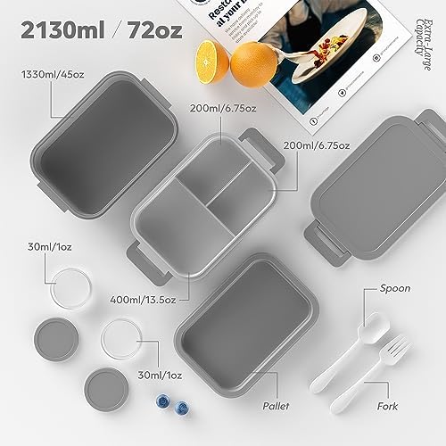 Jelife Adult Bento Box Lunch Box - 3 Layers Stackable Bento Lunch Box for Adults, 72oz Large-Style All-in-One Bento Boxes Leak-Proof Lunchbox with Utensil Sauce Containers for Dining Out,Work, Grey