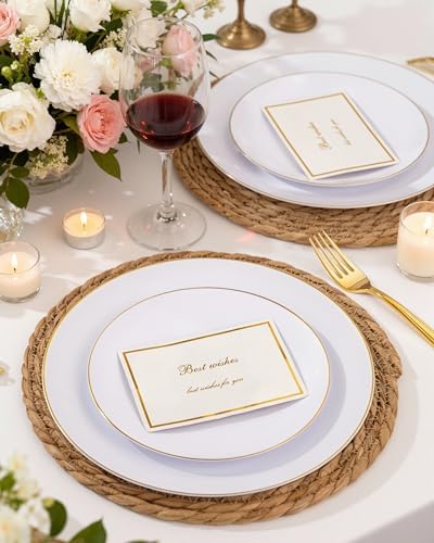 Nervure 100PCS White with Gold Rim Plastic Plates, 7.5″ Disposable Plates