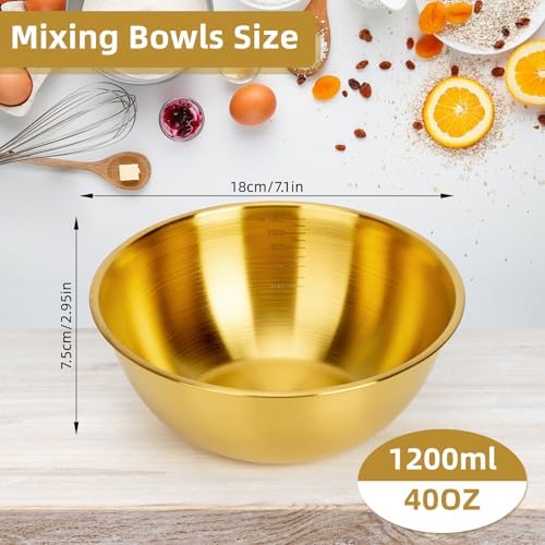 3-Piece Stainless Steel Golden Mixing Bowls (1.26Qt) Metal Bowl Set with Measurement Marks, Dishwasher Safe & Stackable - For Baking, Salad Making, Meal Prep and Kitchen Use