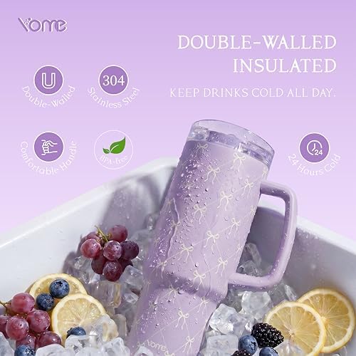 YOME DetaClean 40oz Elegant Purple Bow Tumbler with Handle and Flip Straw for Women | 100% Disassemblable Lid | Stainless Steel Insulated Water Bottle | 100% Leak Proof | Keeps Drinks Cold