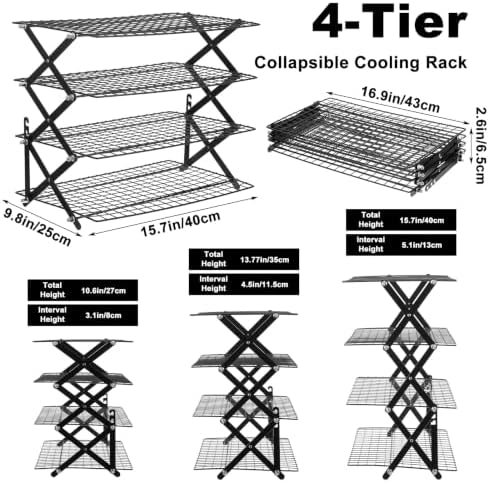 4 Tier Cooling Rack Adjustable Stackable Non-Stick Wire Rack Stainless Steel Baking Racks with Leak-Proof Mesh X-Shaped Structure for Roasting Cooking Cookies Cakes Drying Picnic Party