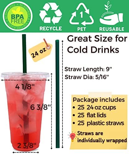 Aatriet 24 oz Clear Plastic Cups with Lids and Straws, Disposable Coffee Cups 25 Sets