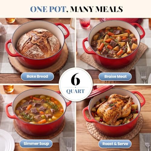 DUMOS Cast Iron Dutch Oven, 6 Quart Pot with Lid, Enameled Heavy Duty Cookware, Oven Safe to 500°F, Perfect for Bread Baking, Stews and Roasting, Moisture Sealing Lid with Dual Handles, Gradient Red