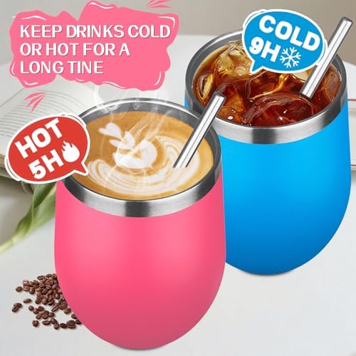 12oz/4 Pack Stainless Steel Wine Tumbler with Lid and Straw, Double Wall Vacuum Insulated Wine Tumbler Glasses, Stemless Travel Mugs for Hot and Cold Drinks, Coffee, Wine, Cocktails