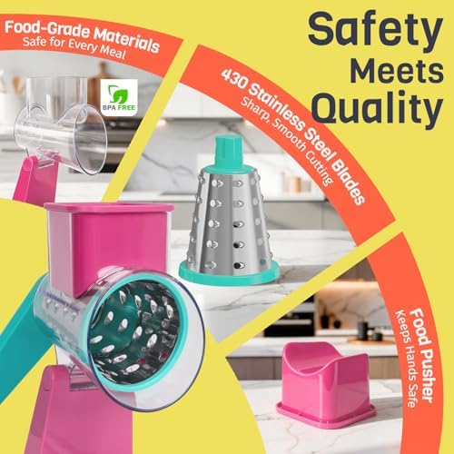 Upgraded Rotary Cheese Grater with 3 Interchangeable Stainless Steel Drums, One-Press Powerful Suction Manual Vegetable Shredder&Slicer for Kitchen, 15pcs Storage Bags Included, Rose-red&Green