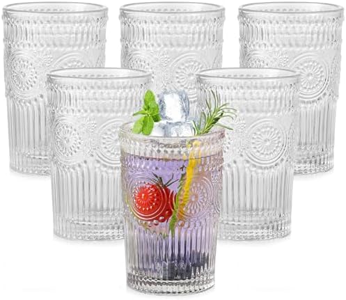 ZMOWIPDL Drinking Glasses Set of 6,13oz Flower Design Clear Glass Cups