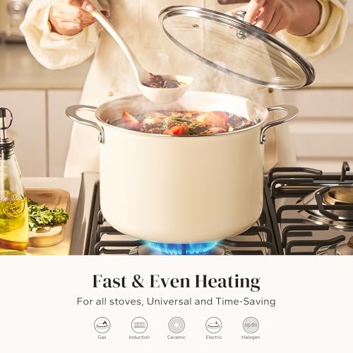 Redchef Ceramic Stock Pot with Lid, 8 Qt Soup Pot Nonstick for Family Cooking, Pasta Pot Large Induction Cooking Pot, Stay-Cool Handles, Even Heating, Oven/Dishwasher Safe, PFOA Free, Beige