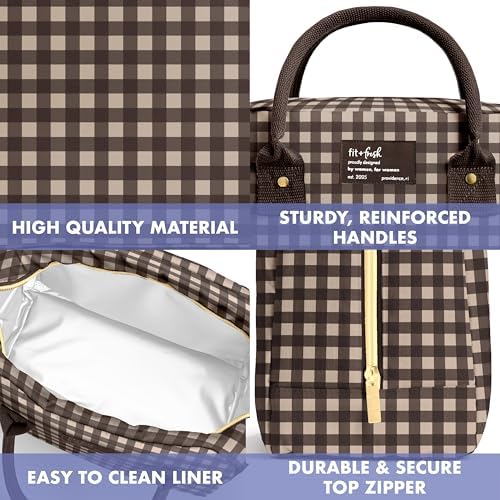 Fit & Fresh Bloomington Lunch Bag for Women - Insulated Large Lunch Box for Work with Containers, Leak-Resistant, Gingham Tan