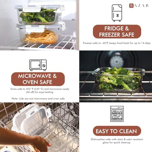 Razab 2 PC 1200ML / 41 Oz Glass Food Storage Containers with Lids - Airtight & Leakproof - Microwave/Oven/Freezer Safe - BPA Free - Ideal for Meal Prep, Storing Leftover & Lunch