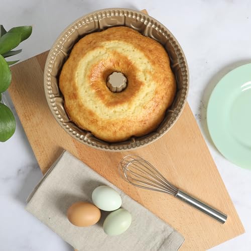 Martha Stewart Dunelle Decorative Fluted Cast Aluminun Round Cake Pan – 10-Cup Nonstick Tube Pan, Champagne Gold Bakeware, Flower Shaped (Pack of 6)
