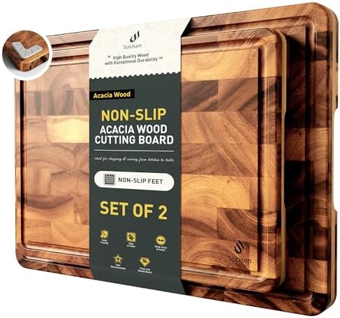 End Grain Cutting Board Set of 2 with Non-slip Feet, Acacia Wood