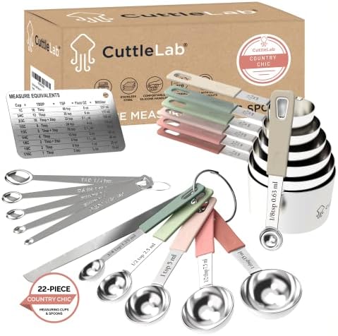 CuttleLab 22-Piece Stainless Steel Measuring Cups and Spoons Set, Tad Dash Pinch Smidgen Drop Mini Measuring Spoons, Measuring Stick Leveler, Measurement Conversion Chart Fridge Magnet, (Country Chic)