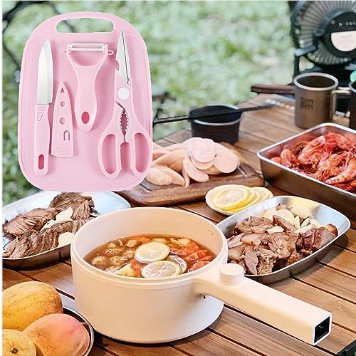 4‑Piece Mini Travel Cutting Board Set with Knife, Scissors & Peeler (Pink)