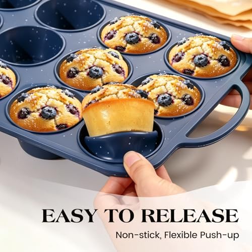 Vinino 2 Pack 12 Cups Silicone Muffin Pan with Stainless Steel Frame - Blue