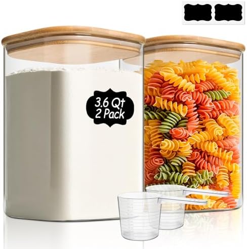 ComSaf Glass Storage Jars with Bamboo Lids 3.6 Qt 2 Pack Large Wide Mouth