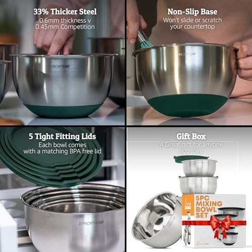 Priority Chef Premium Mixing Bowls With Airtight Lids Set, Thicker Stainless Steel Mixing Bowl Set, Large Prep Metal Bowls with Lids, Nesting Bowls for Kitchen, 1.5/2/3/4/5 Qrt, Green