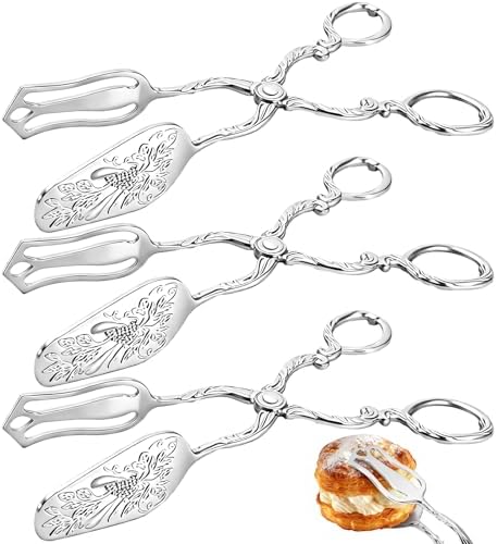 Jucoan 3 Pack Vintage Silver Serving Tongs, 8.5 Inch Zinc Alloy Metal Food Buffet Bread Salad Tongs for Birthday Wedding Tea Party, Dishwasher Safe
