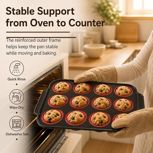 Silicone Muffin Pans for Baking, 12-Cup Muffin Tin with Metal Frame