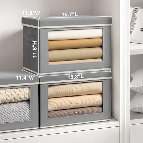 Homsorout Storage Bins with Lids, 3 Pack Large Storage Cubes with Window, Closet Bins with Lids & Handles, Fabric Box for Organizing Clothes, Towels, Books, Grey