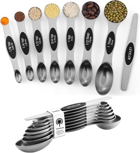 ChefAide Set of 8 Magnetic Measuring Spoons, Stainless Steel, Dual Sided