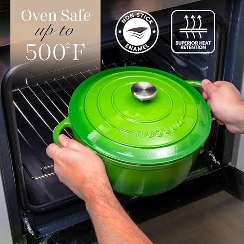 Cast Iron Pot with Lid-Non-Stick Ovenproof Enamelled Casserole Pot, Oven Safe up to 500° F-Sturdy Dutch Oven Cookware - Green, 5-Quart, 24cm-by Nuovva