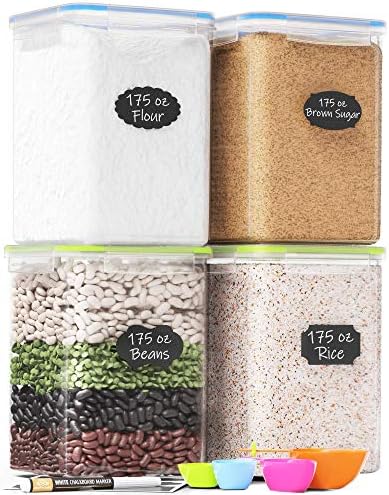Chef's Path Kitchen Storage Box Set of 4 Extra Large Airtight Food Storage Jars for Sugar Flour Cereal Rice - Measuring Spoons, Pen and Food Preservation Labels (5.2 L)