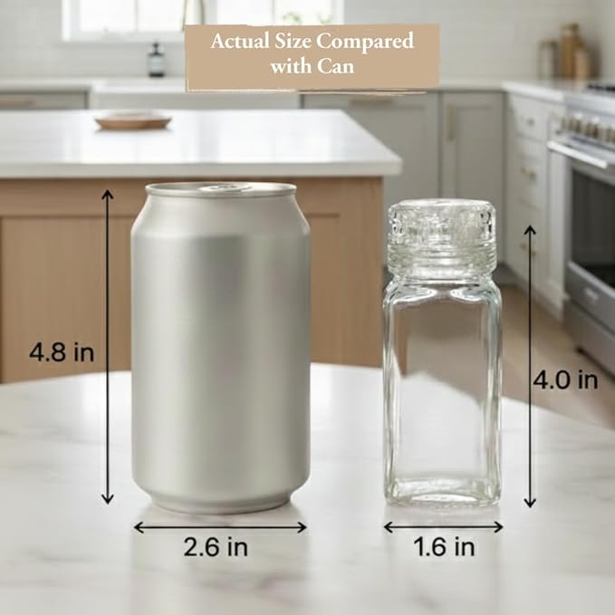 Small Clear Square Glass Spice Jar & Adjustable Grinder Cap | Store & Grind Pepper Salt Spice Herbs Sugar| Foodgrade BPA Free Dishwasher Safe Refillable | 4 Fl. Oz. Capacity | Hand packed in USA