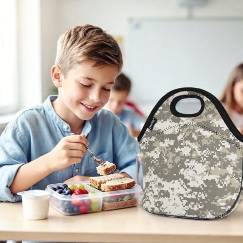 FlowFly Neoprene Lunch Tote Insulated Thermal Reusable Lunch Bag Box for Boys Men with Zipper (Digital Camo)