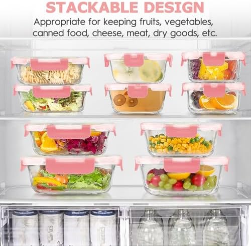 34pcs Glass Food Storage Containers with Lids Set, Airtight Glass Meal Prep Containers (17 Containers & 17 Lids), Leak Proof Lunch Container BPA-Free, Microwave, Oven, Freezer, Dishwasher Safe-PINK