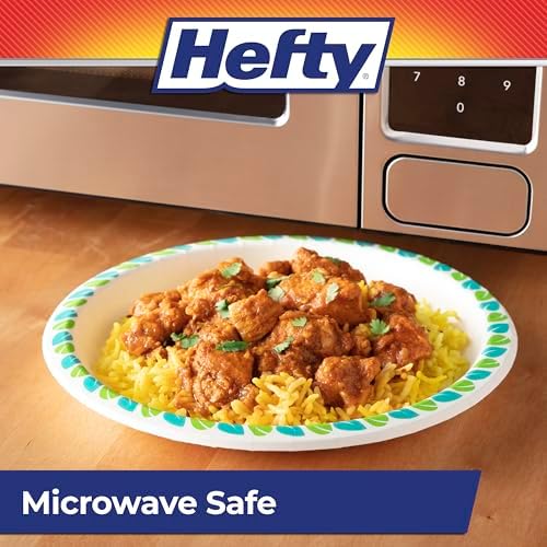 Hefty Compostable Paper Plates, 8.6 Inches, 30 Count, Patterned Disposable Plates for BBQs, Parties, Holidays, Potlucks, and Everyday, Soak-Resistant, Made with Plant-Based Materials, Microwave Safe