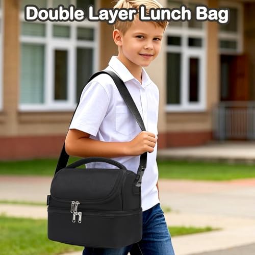 FlowFly Double Decker Cooler Insulated Lunch Bag Large Tote for Boys, Girls, Men, Women, With Adjustable Strap,Black