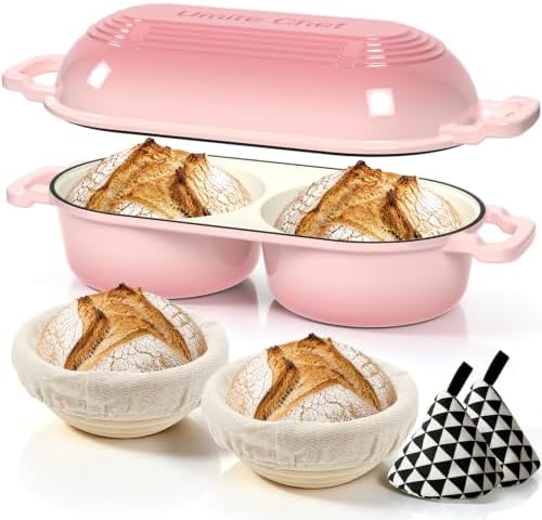 Umite Chef Dutch Oven for Sourdough Bread Baking – Enamelled Cast Iron Bread Loaf Pot – 500°F Oven Safe– Double Round Loaf Space, 16.5“ Diameter, 5" Banneton Proofing Baskets & Cotton Potholders(Pink)